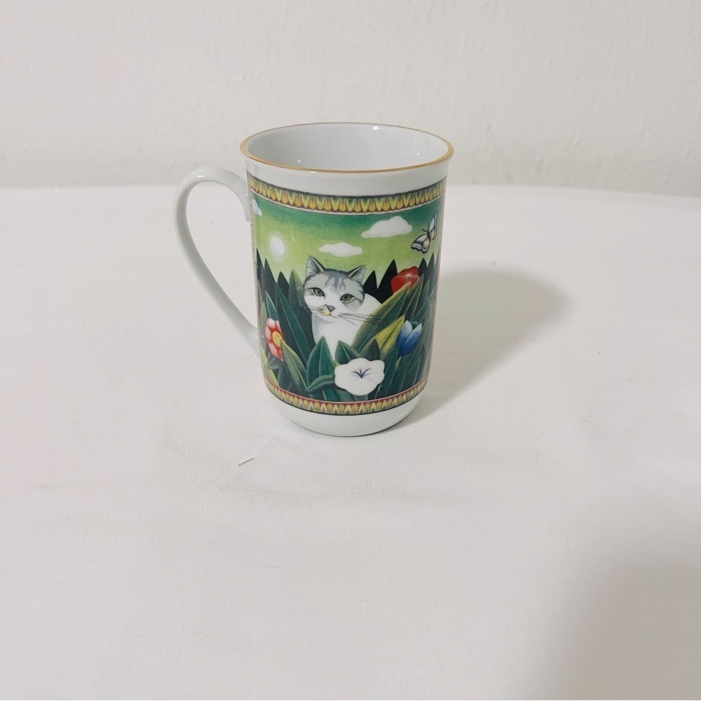 Vintage Russ Berrie Four Seasons Majestic Cat Mug Coffee Tea Beautiful Green